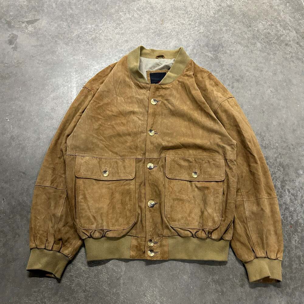 M.Flues International Leatherwear Vintage Brown Suede Bomber Jacket Size 48